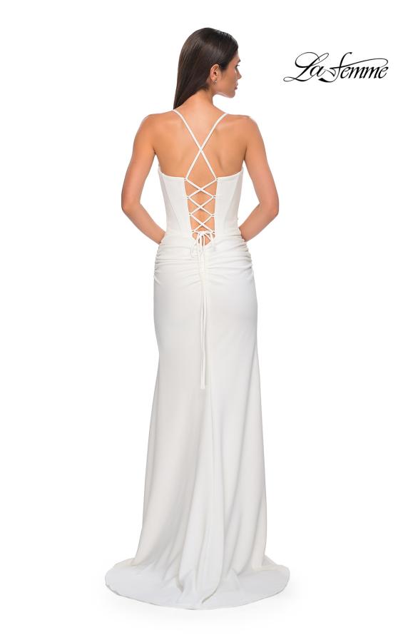 Picture of: Ruched Long Jersey Dress with Draped Rhinestone Neckline in Ivory , Style 32802, Detail Picture 14