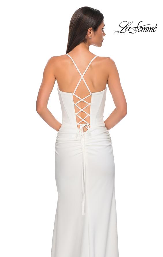 Picture of: Ruched Long Jersey Dress with Draped Rhinestone Neckline in Ivory , Style 32802, Detail Picture 22