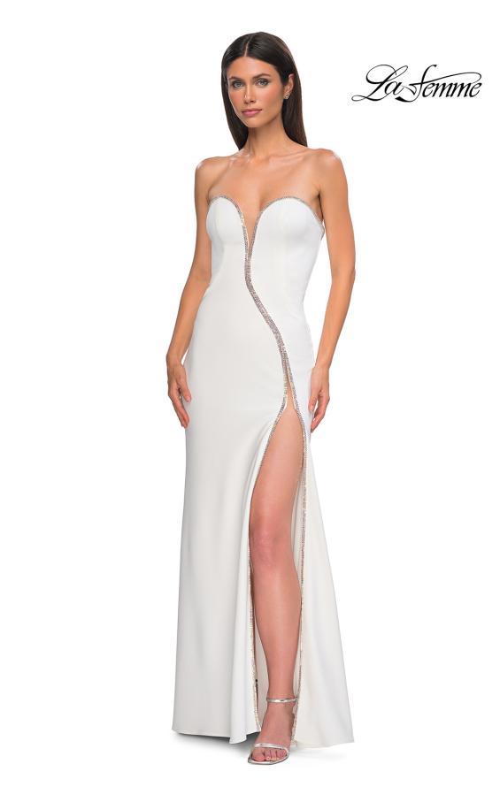 Picture of: Fabulous Jersey Dress with Rhinestones Lining the Top and HIgh Slit in Ivory , Style 32854, Detail Picture 7