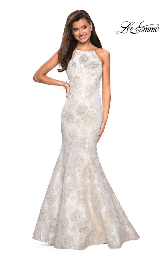 Picture of: Long Floral Mermaid Prom Dress with High Neckline in Ivory/Silver, Style: 27796, Back Picture