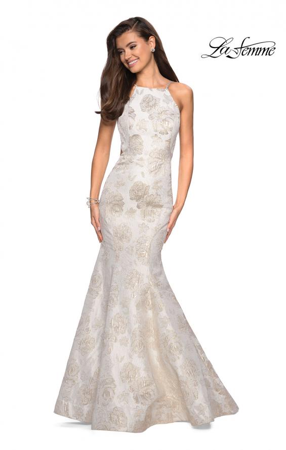 Picture of: Long Floral Mermaid Prom Dress with High Neckline in Ivory/Silver, Style: 27796, Detail Picture 1
