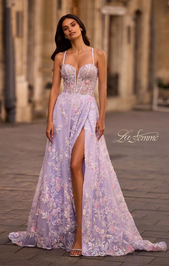 Picture of: Stunning Floral Tulle Gown with Corset Top and Slit in Lavender , Style 32695, Main Picture