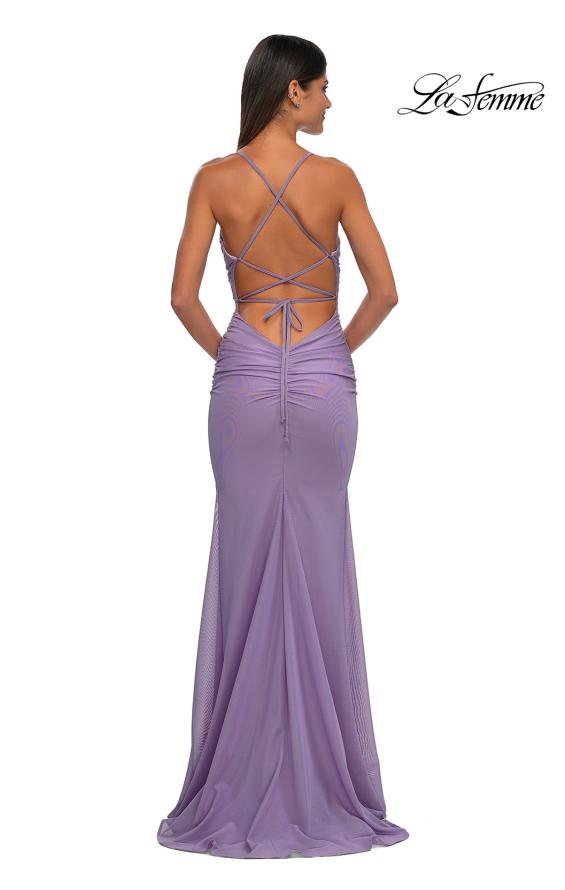 Picture of: Ruched Net Jersey Gown with Square Neckline in Lavender, Style: 33086, Detail Picture 8