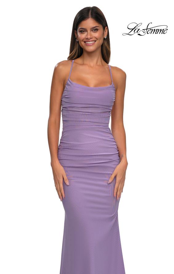 Picture of: Ruched Net Jersey Gown with Square Neckline in Lavender, Style: 33086, Detail Picture 11