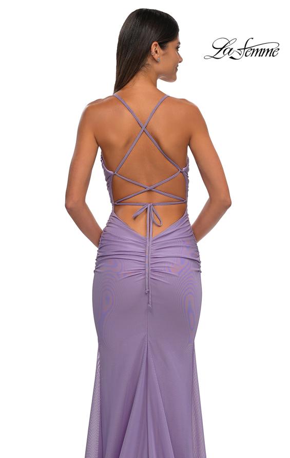 Picture of: Ruched Net Jersey Gown with Square Neckline in Lavender, Style: 33086, Detail Picture 12