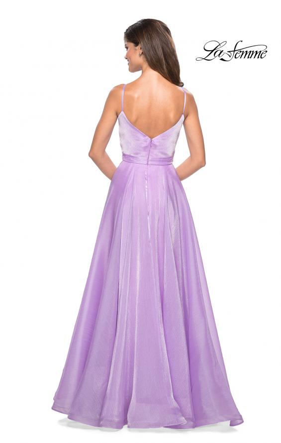 Picture of: Long Metallic Chiffon Dress with Ruching and V Back in Lavender, Style: 27616, Back Picture