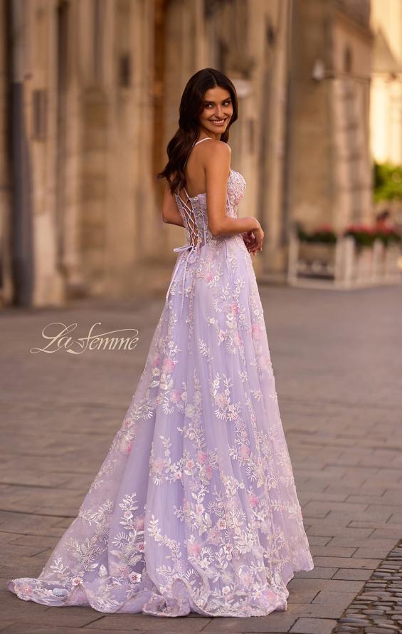 Picture of: Stunning Floral Tulle Gown with Corset Top and Slit in Lavender , Style 32695, Back Picture