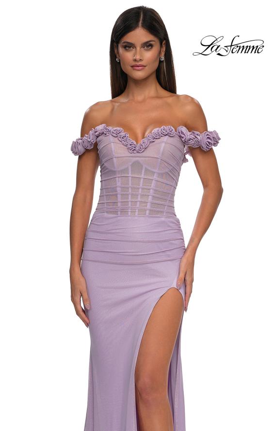 Picture of: Prom Dress with Rosette Off the Shoulder Straps and Neckline in Lavender, Style: 33044, Detail Picture 4