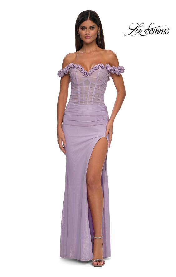 Picture of: Prom Dress with Rosette Off the Shoulder Straps and Neckline in Lavender, Style: 33044, Detail Picture 6