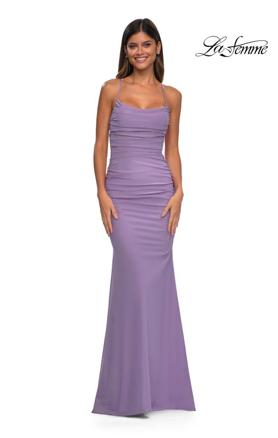 Picture of: Ruched Net Jersey Gown with Square Neckline in Lavender, Style: 33086, Detail Picture 7