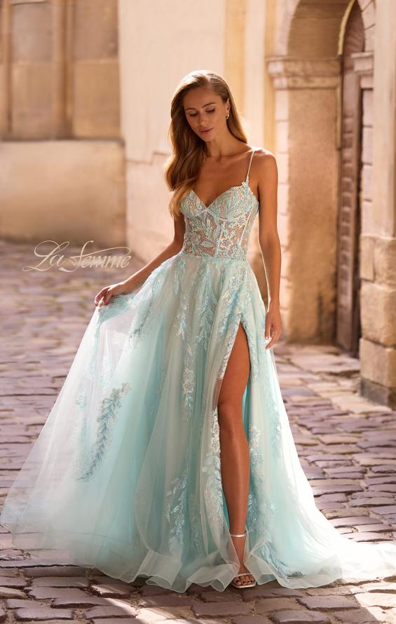 Picture of: A-line Prom Dress with Beaded Floral Applique and Corset Top in Light Blue, Style: 32810, Main Picture