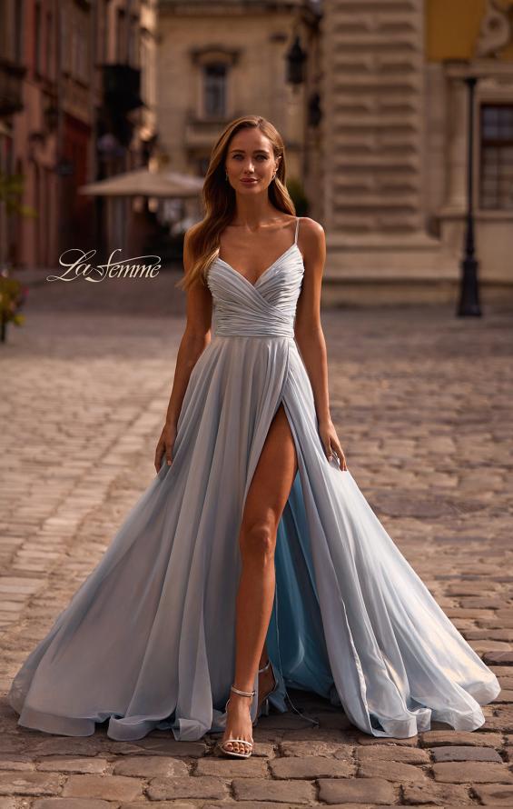 Picture of: Metallic Chiffon Prom Dress with Flowing Skirt and High Slit in Light Blue, Style: 33043, Main Picture