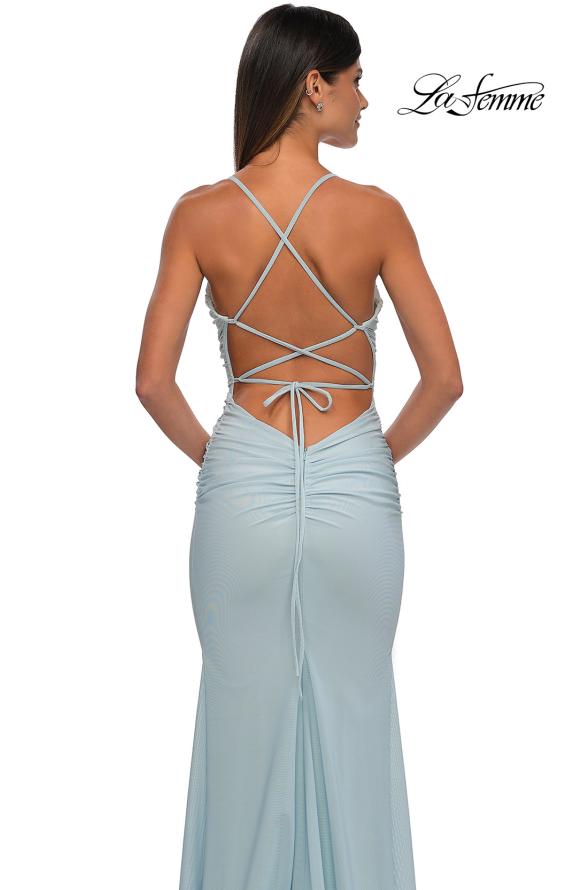 Picture of: Ruched Net Jersey Gown with Square Neckline in Light Blue, Style: 33086, Detail Picture 10