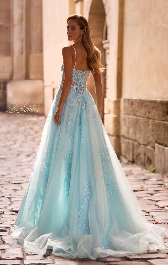 Picture of: A-line Prom Dress with Beaded Floral Applique and Corset Top in Light Blue, Style: 32810, Back Picture