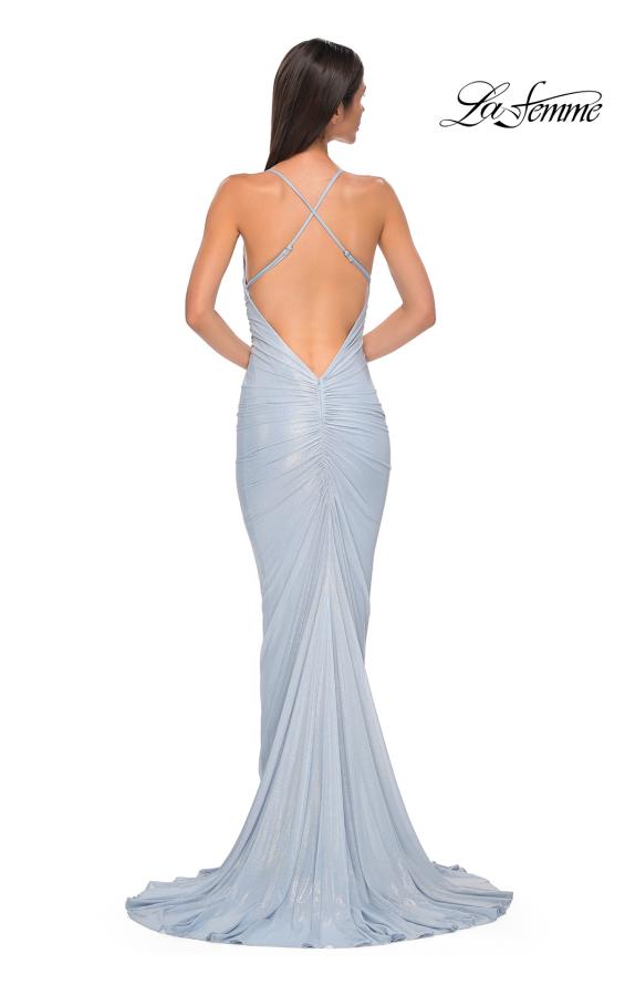 Picture of: Ruched Long Metallic Gown with Low Back and Criss Cross Straps in Light Blue, Style 32973, Back Picture