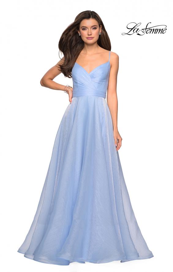 Picture of: Long Metallic Chiffon Dress with Ruching and V Back in Light Blue, Style: 27616, Detail Picture 2