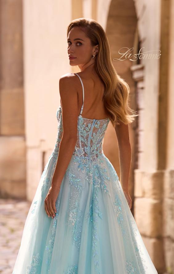 Picture of: A-line Prom Dress with Beaded Floral Applique and Corset Top in Light Blue, Style: 32810, Detail Picture 2