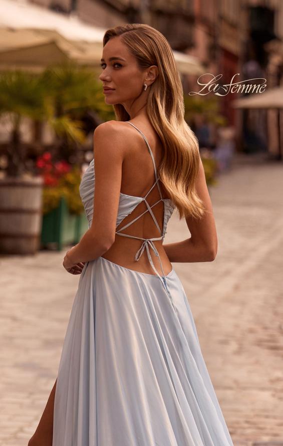 Picture of: Metallic Chiffon Prom Dress with Flowing Skirt and High Slit in Light Blue, Style: 33043, Detail Picture 2