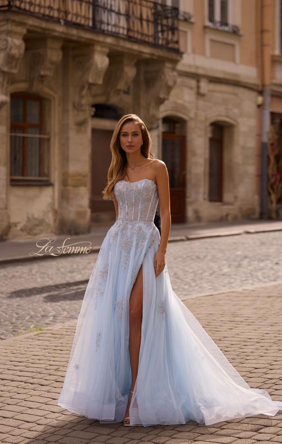 Picture of: Tulle A-line Prom Dress with Gorgeous Rhinestone Lace Applique in Light Blue, Style: 33028, Detail Picture 3