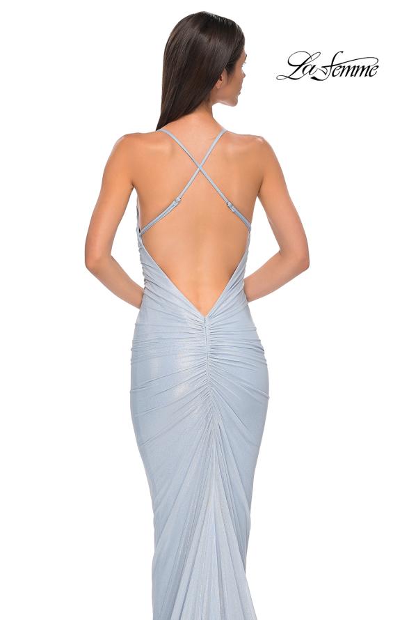 Picture of: Ruched Long Metallic Gown with Low Back and Criss Cross Straps in Light Blue, Style 32973, Detail Picture 4