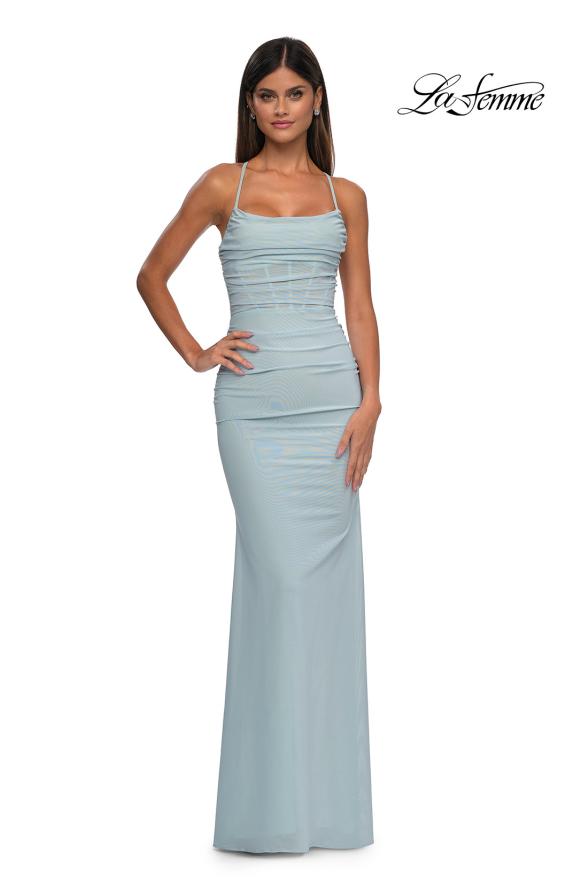 Picture of: Ruched Net Jersey Gown with Square Neckline in Light Blue, Style: 33086, Detail Picture 5