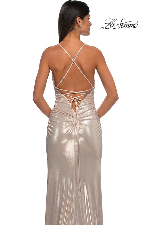 Picture of: Metallic Jersey Ruched Prom Dress with Rhinestone Bodice in Light Gold, Style: 32793, Detail Picture 8