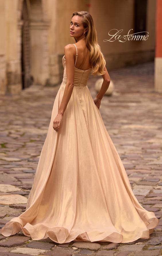 Picture of: Stunning Metallic Chiffon Gown with Ruched Bodice and Slit in Light Gold, Style: 32864, Back Picture