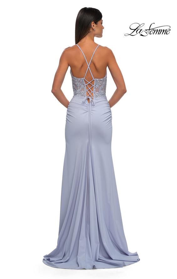 Picture of: Lace and Ruched Jersey Prom Dress with Deep V Neckline in Light Periwinkle, Style: 33001, Detail Picture 8