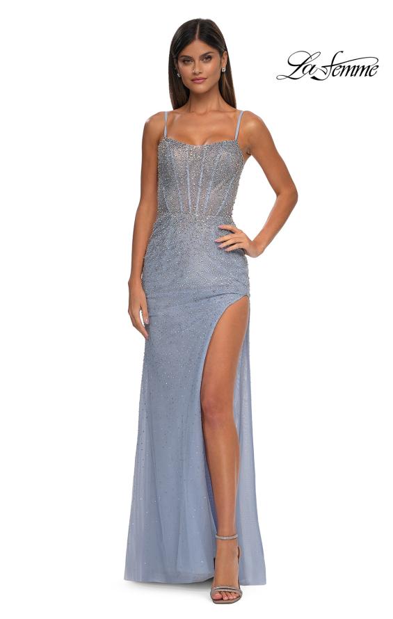 Picture of: Fitted Net Dress with Rhinestones and U Slit in Light Periwinkle, Style: 32840, Detail Picture 9