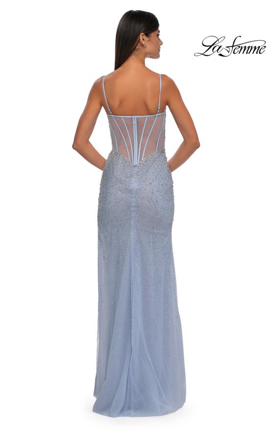 Picture of: Fitted Net Dress with Rhinestones and U Slit in Light Periwinkle, Style: 32840, Detail Picture 10