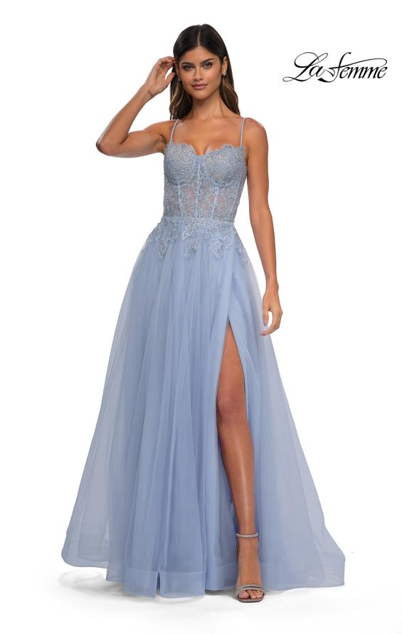 Picture of: Lace and Tulle A-line Prom Dress with High Slit in Light Periwinkle, Style: 32646, Detail Picture 15