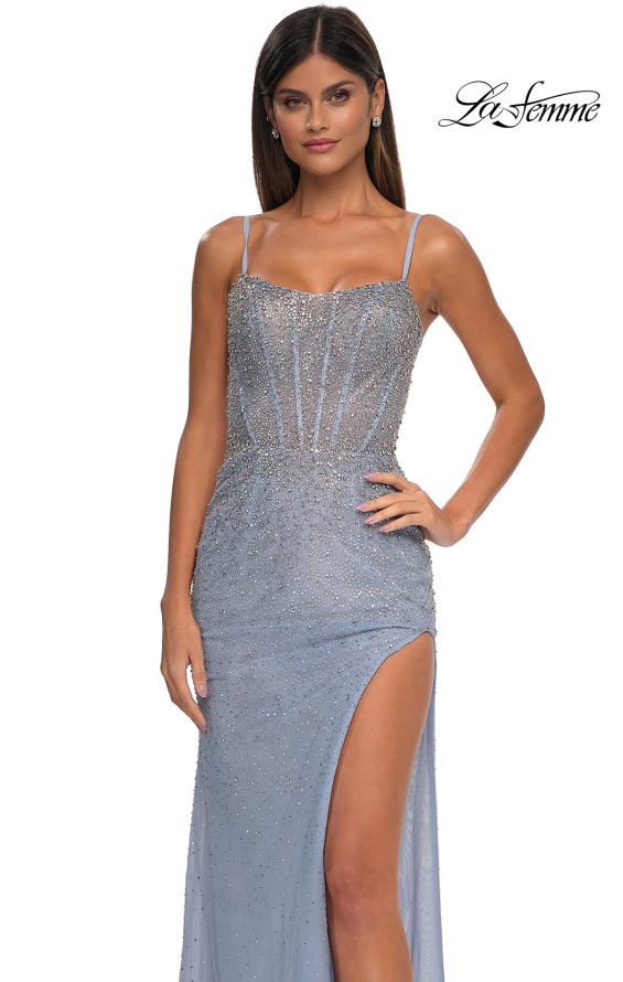 Picture of: Fitted Net Dress with Rhinestones and U Slit in Light Periwinkle, Style: 32840, Detail Picture 15