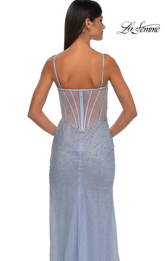 Picture of: Fitted Net Dress with Rhinestones and U Slit in Light Periwinkle, Style: 32840, Detail Picture 16