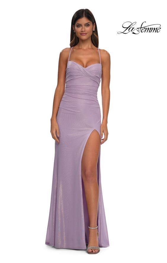 Picture of: Pastel Prom Dress with Metallic Fabric and Lace Up Back in Light Periwinkle, Style: 32964, Detail Picture 3