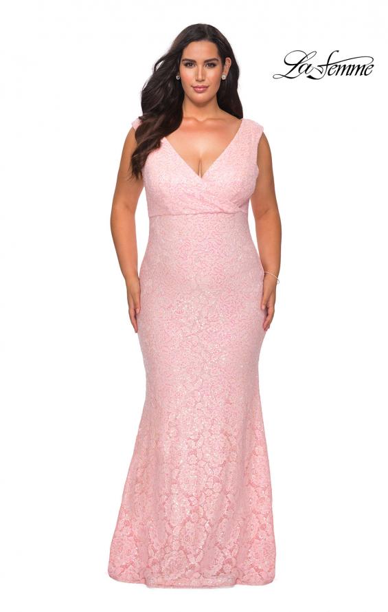 Picture of: Curvy Stretch Lace Dress with V-Neck and Rhinestones in Light Pink, Style: 28837, Detail Picture 3