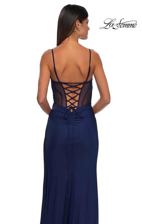 Picture of: Jersey Prom Dress with Unique Ruched Waist and Lace Up Back in Marine Blue, Style: 32977, Detail Picture 15