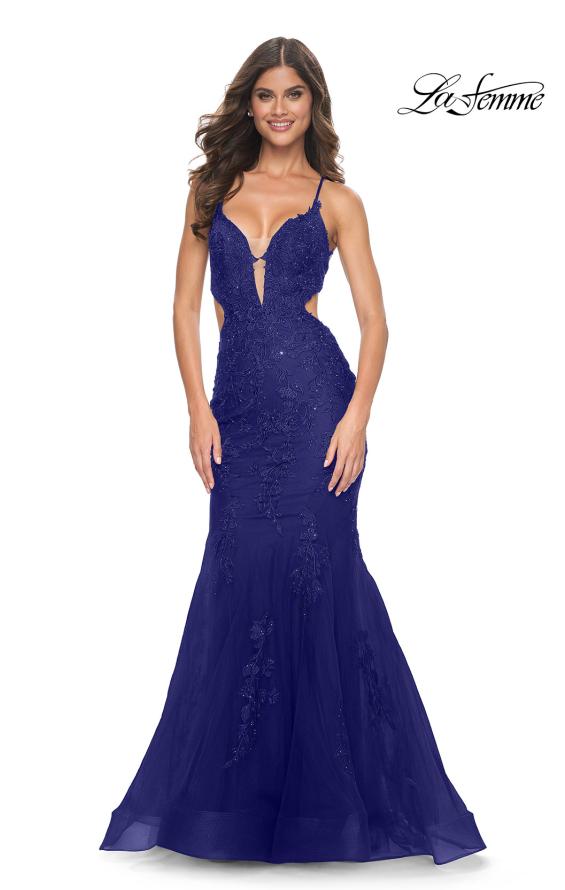 Picture of: Lace and Tulle Mermaid Gown with Side Cut Outs in Jewel Tones in Marine Blue, Style 31132, Detail Picture 7