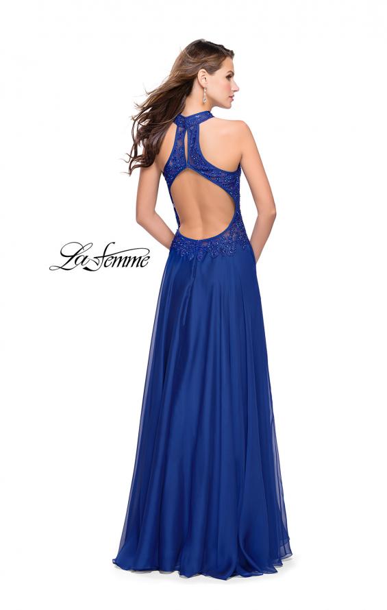 Picture of: Long A line Chiffon Dress with High Neck Lace Up Top in Marine Blue, Style: 25355, Back Picture