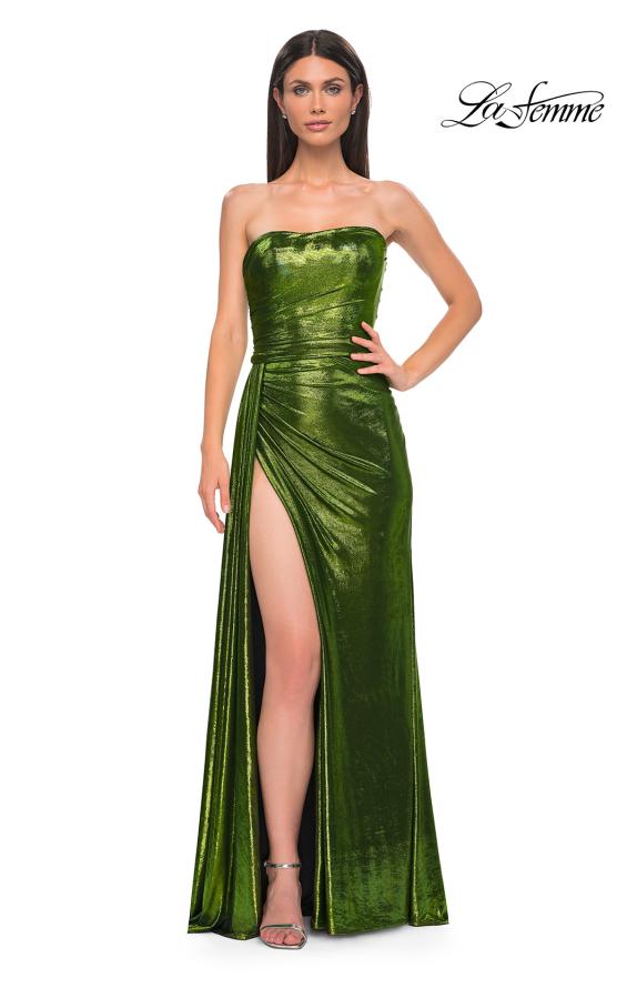 Picture of: Strapless Chic Metallic Jersey Dress with Draped Slit in Matcha , Style 32830, Detail Picture 11