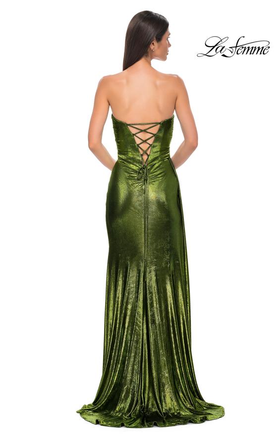 Picture of: Strapless Chic Metallic Jersey Dress with Draped Slit in Matcha , Style 32830, Detail Picture 12