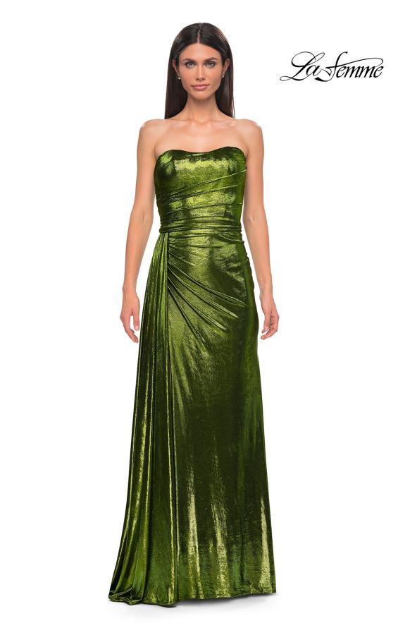 Picture of: Strapless Chic Metallic Jersey Dress with Draped Slit in Matcha , Style 32830, Detail Picture 13