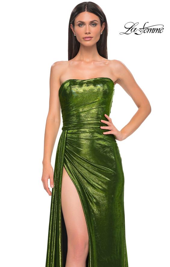 Picture of: Strapless Chic Metallic Jersey Dress with Draped Slit in Matcha , Style 32830, Detail Picture 24