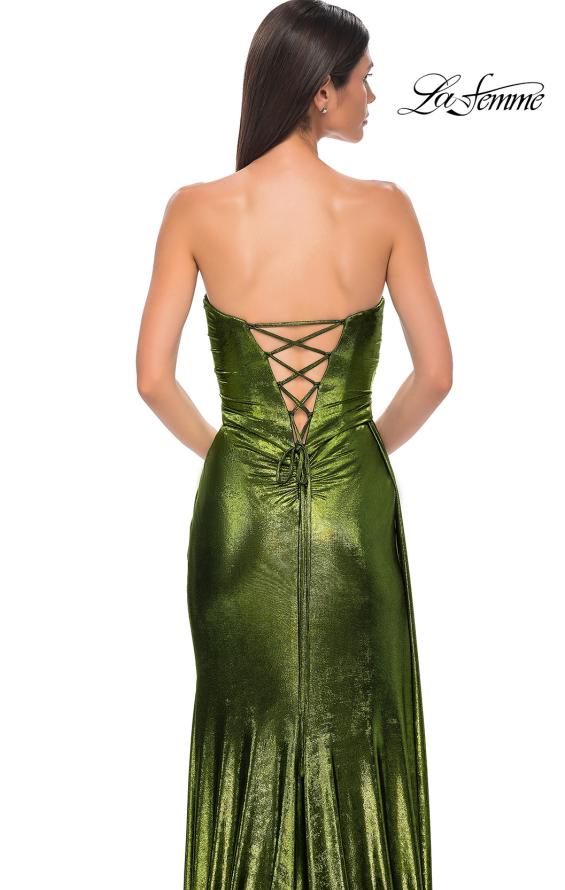 Picture of: Strapless Chic Metallic Jersey Dress with Draped Slit in Matcha , Style 32830, Detail Picture 25