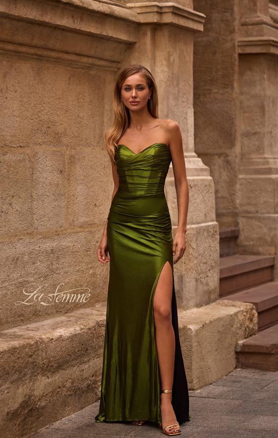 Picture of: Net Jersey Prom Dress with Strapless Top and Flattering Ruching in Matcha , Style 32946, Detail Picture 3