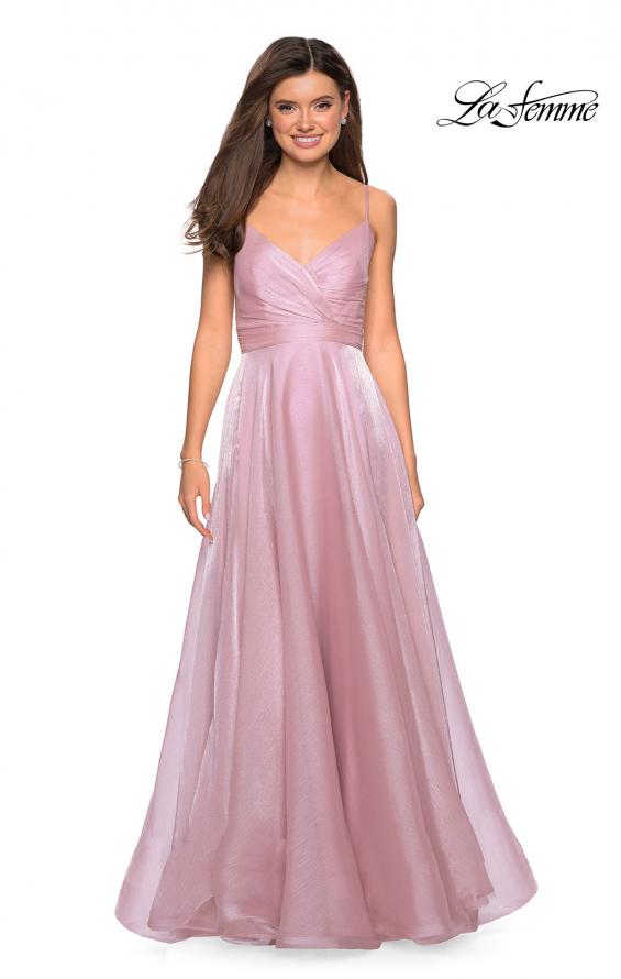 Picture of: Long Metallic Chiffon Dress with Ruching and V Back in Mauve, Style: 27616, Detail Picture 4