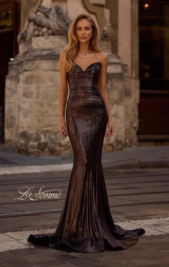 Picture of: Mermaid Metallic Prom Dress with Sweetheart Strapless Top in Mocha , Style 32995, Main Picture