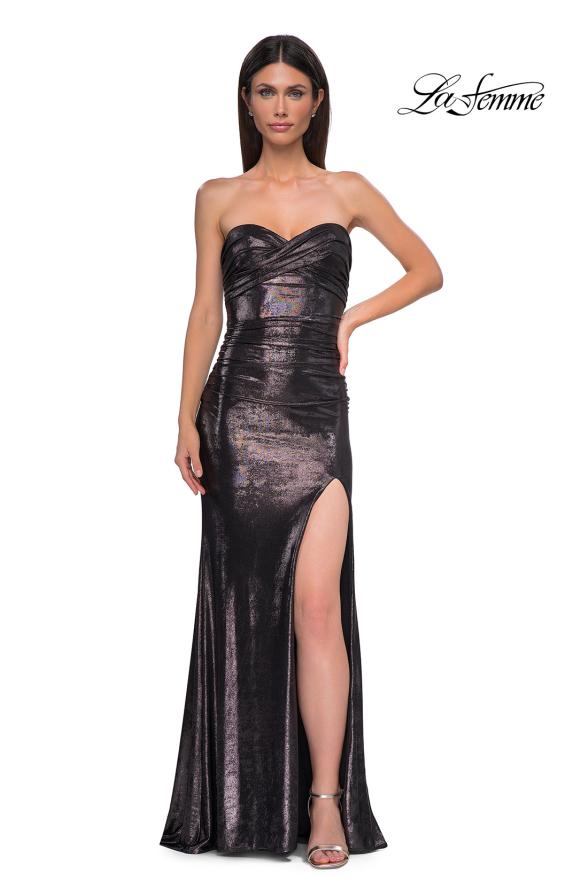 Picture of: Strapless Chic Metallic Jersey Dress with Criss Cross Bodice in Mocha , Style 32876, Detail Picture 5