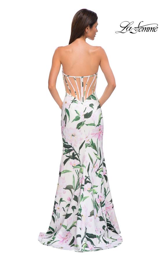 Picture of: Floral Print Stretch Jersey Dress with Sheer Corset Back in Multi , Style 32752, Detail Picture 6