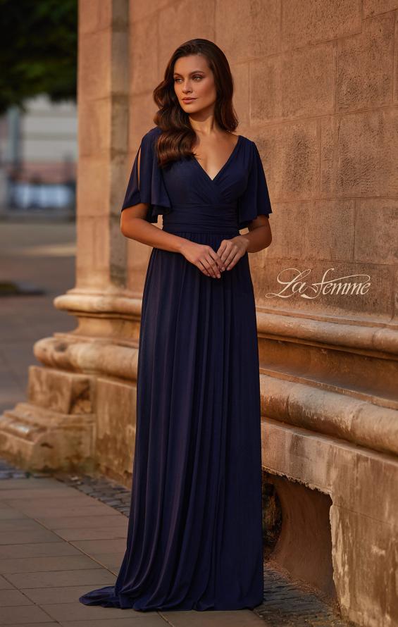 Picture of: Flattering Net Jersey Long Dress with Ruffle Sleeve in Navy, Style: 30009, Main Picture