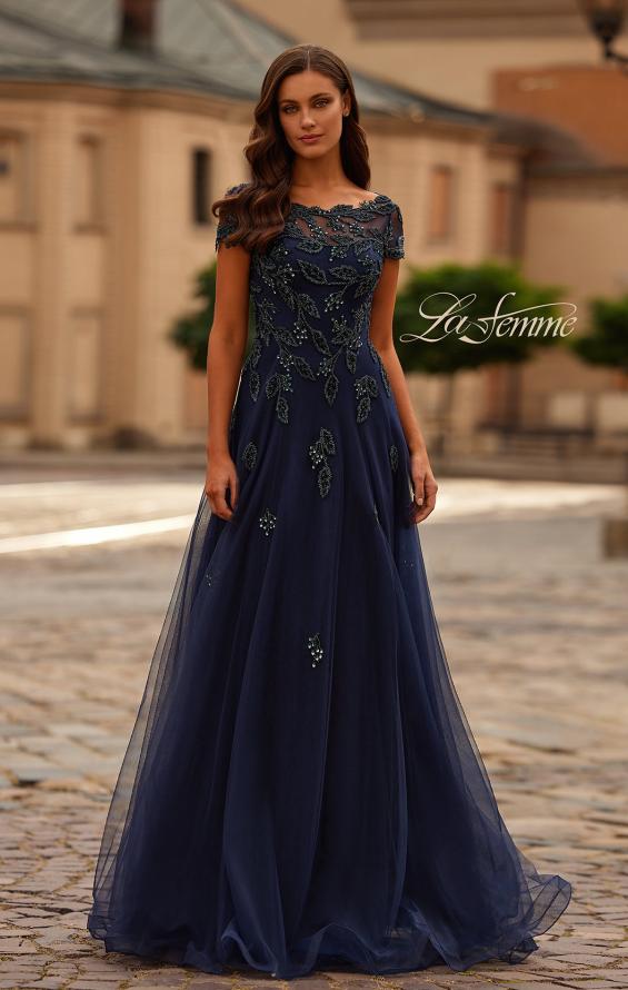 Picture of: Gorgeous Gown with Beaded Lace Applique in Navy, Style: 31692, Main Picture